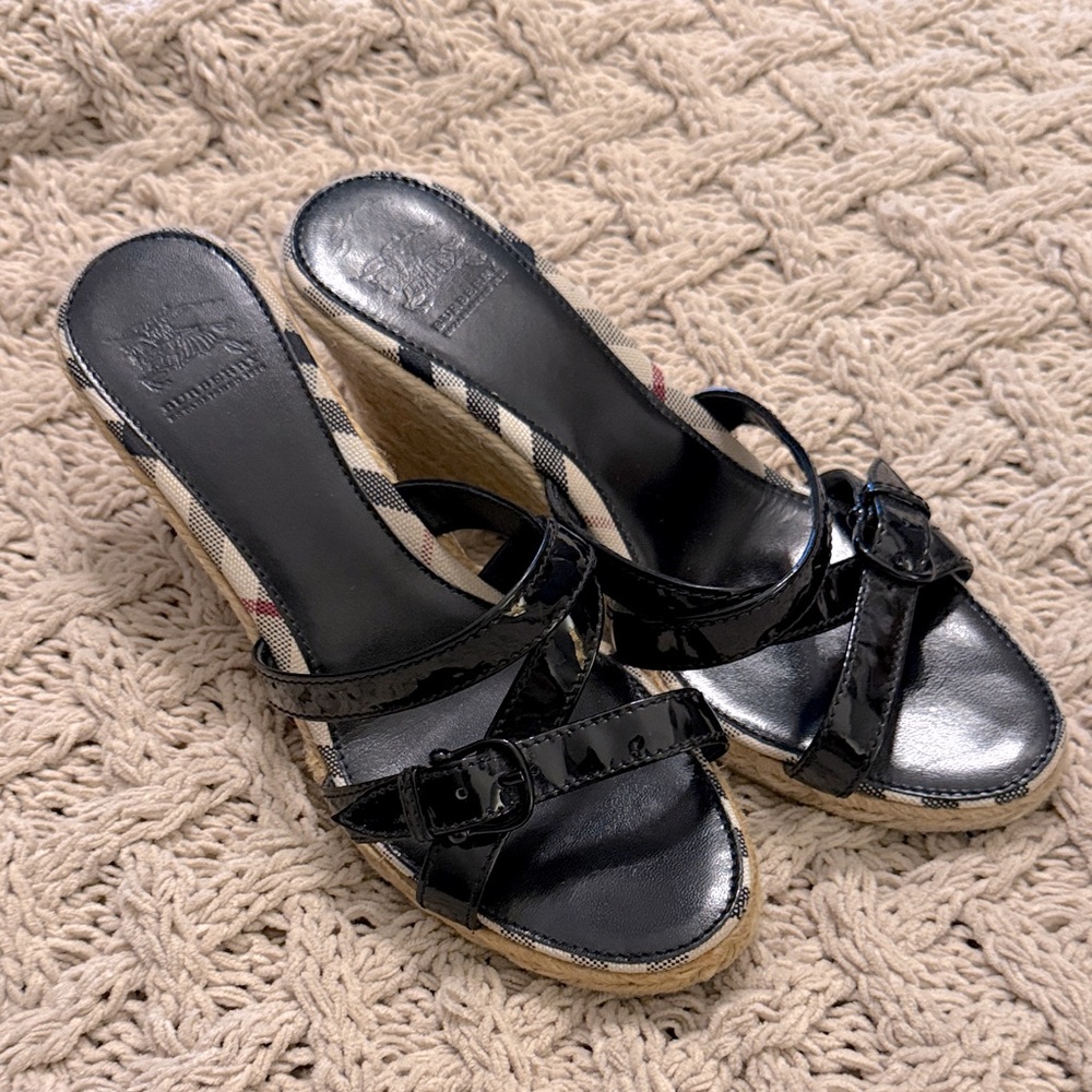 Burberry Black Patent Leather Wedge Sandals